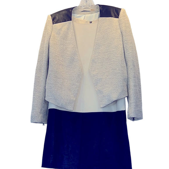 Alice & Olivia Elegant Women's Tweed Cream and Black Fine Leather Jacket, Size 6 - Picture 9 of 14